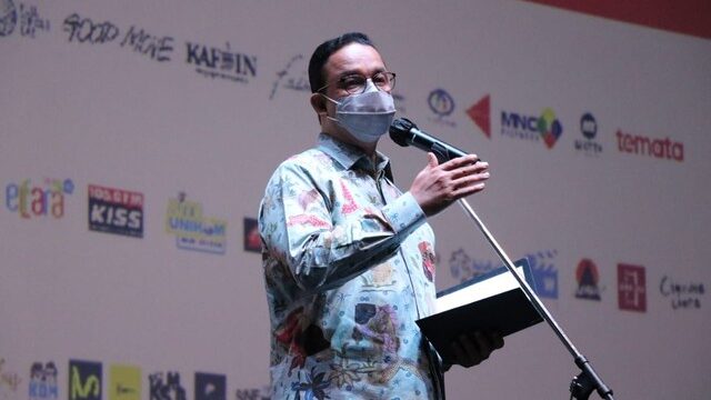 Gubernur DKI Jakarta, Anies Baswedan memberikan sambutan pada Pembukaan Jakarta Film Week 2021, Kamis (18/11) malam. Foto:  Dok: Pemprov DKI Jakarta
