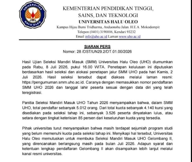 
 3.526 Peserta Lulus SMM UHO 2026, Kampus Buka Gelombang II untuk Penuhi Kuota